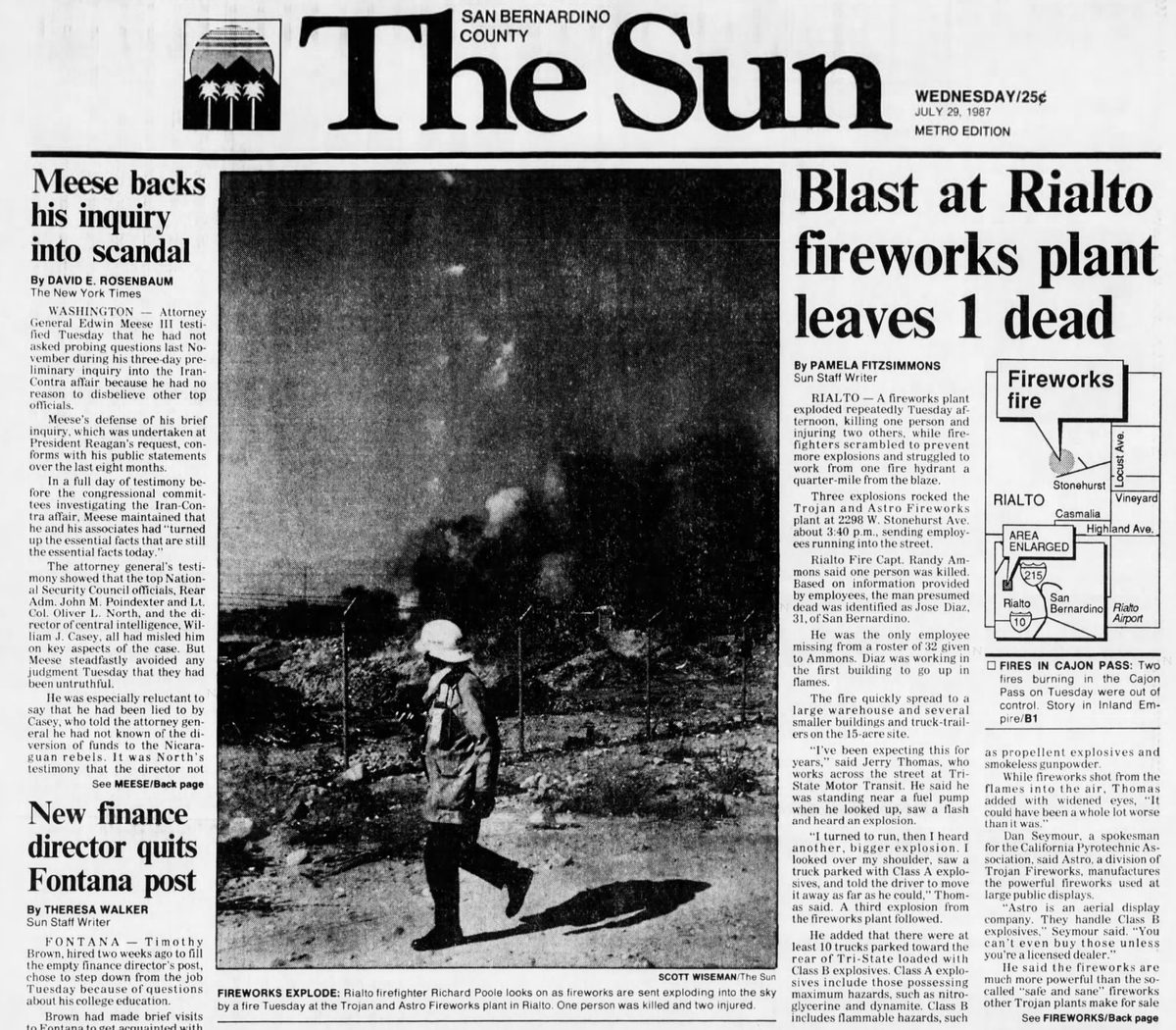 An explosion at Rialto’s Trojan and Astro Fireworks plant makes the front page of the San Bernardino County Sun on July 29, 1987.