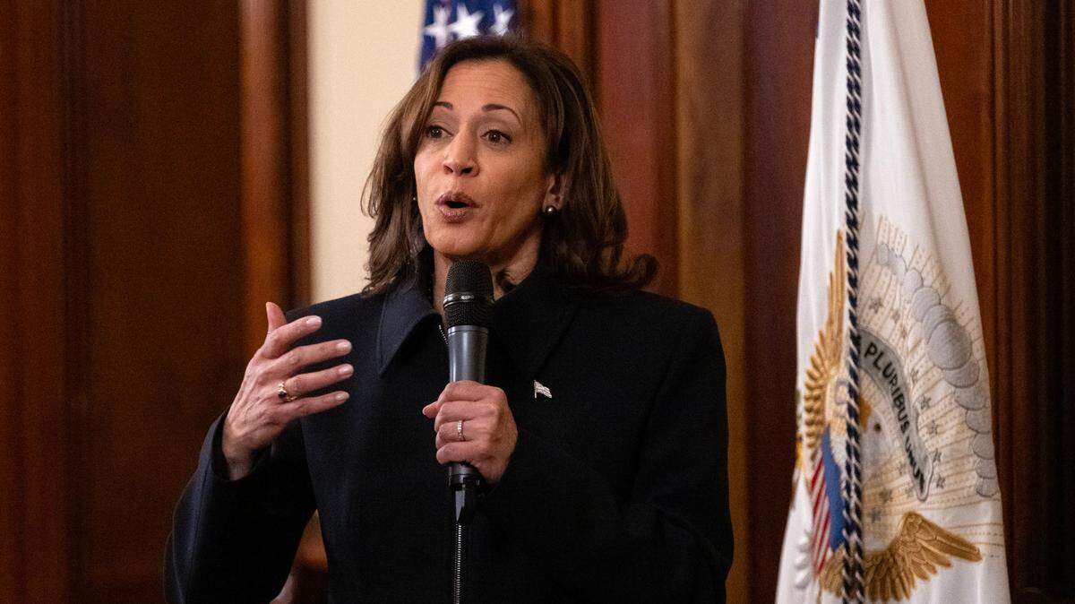 Vice President Kamala Harris speaks with California legislators at the Stanford Mansion in Sacramento on Jan. 25, 2024