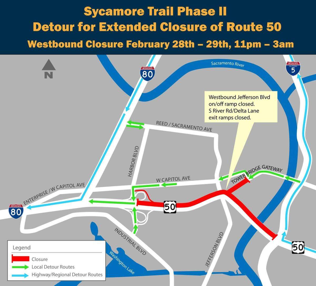 As part of the Yolo I-80 Pavement Rehabilitation Project and the Sycamore Trail Extension, construction this week will cause closures for both eastbound and westbound lanes of Interstate 80 and U.S. Highway 50 in Yolo County.