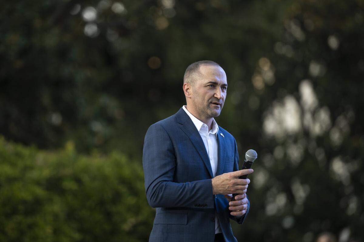 Vlad Skots, founder of nonprofit Ukrainian American House, speaks during a Ukrainian Independence Day celebration at the California Capitol in Sacramento on Sunday.