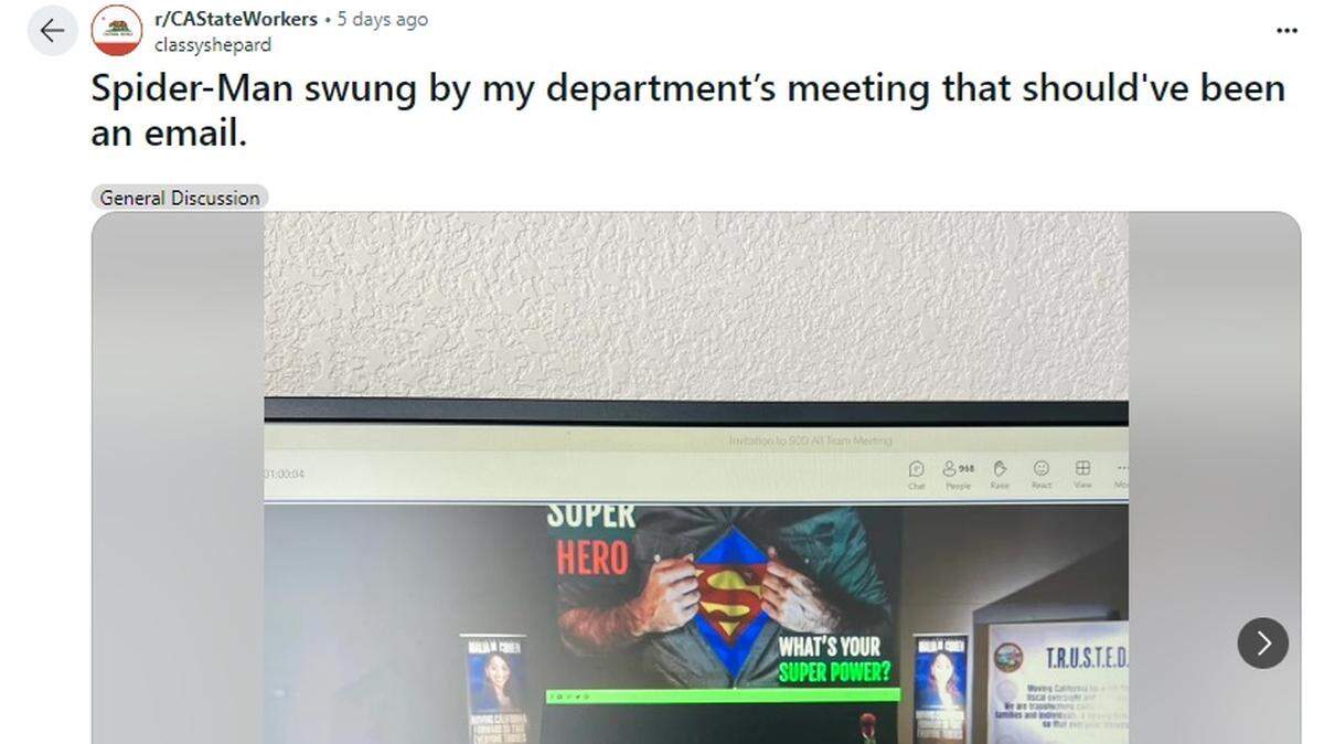 A screenshot of the California State Workers subreddit post, titled “Spider-Man swung by my department’s meeting that should have been an email.”