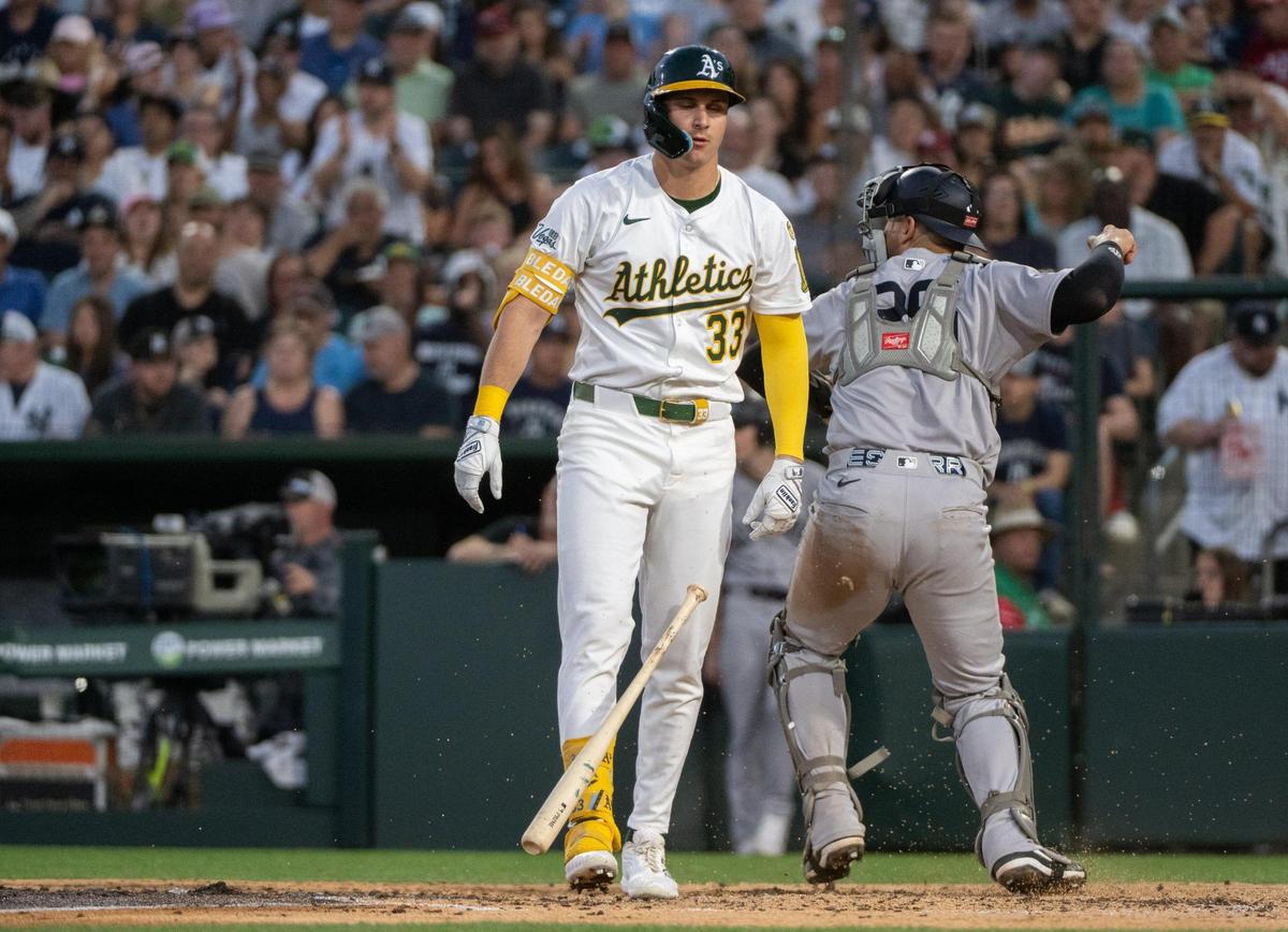 Athletics outfielder JJ Bleday (33) reacts after striking out to end the fifth inning during a game against the New York Yankees at Sutter Health Park on Friday in West Sacramento.