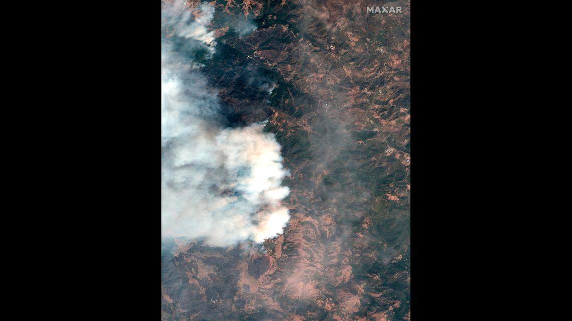 Satellite images show the early spread of the Kincade Fire now rampaging through Sonoma County in California, which has now sent 180,000 evacuees fleeing in its path and consumed 30,000 acres.