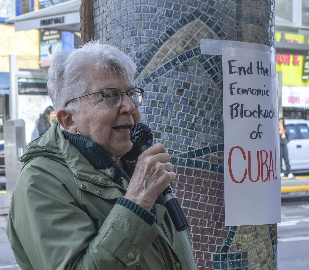 Margaret Trowe, a candidate for governor with the Socialist Workers Party, speaks at a rally at Fruitvale Plaza in Oakland, CA on February 18, 2026.