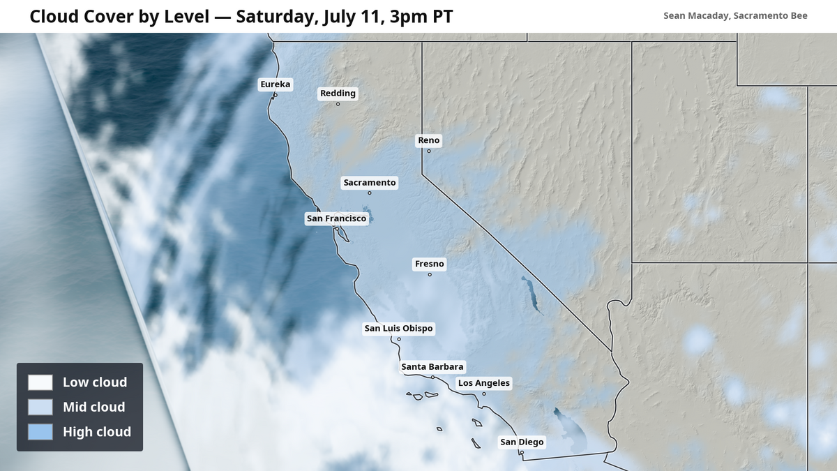 Forecast afternoon cloud cover on Saturday, July 11. Light high clouds are expected across much of California.