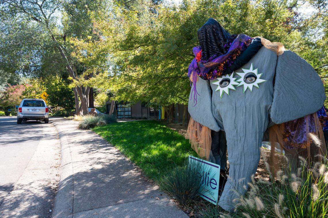 Nellie the Elephant, a Fair Oaks landmark and mascot for its Southcliff neighborhood, is dressed for Halloween on Wednesday. While she’s not on the ballot, she has her own campaign yard sign and a historically Republican identity.
