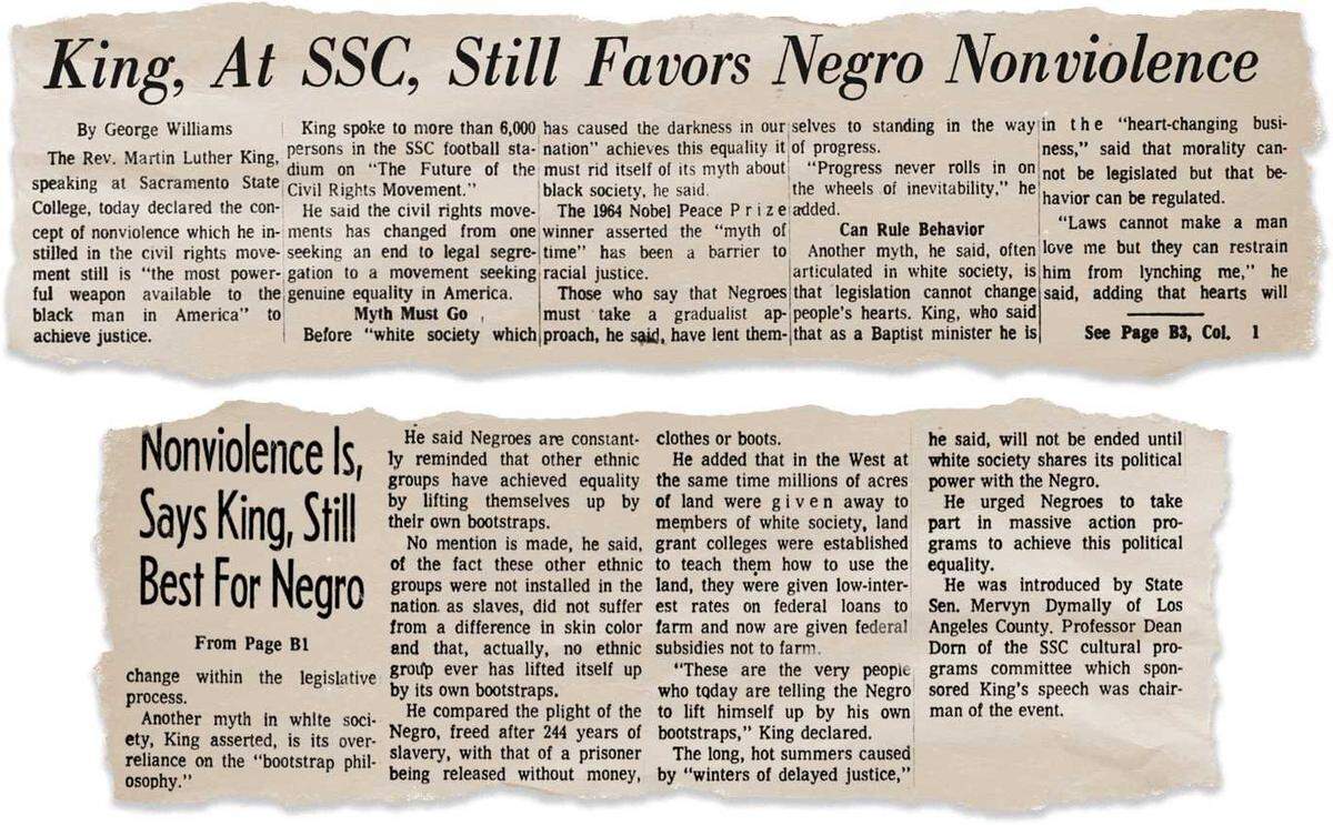 A replica of The Sacramento Bee article from Oct. 16, 1967, the day Martin Luther King Jr. spoke at Sacramento State. At the time of King's speech, The Bee was an afternoon newspaper.
