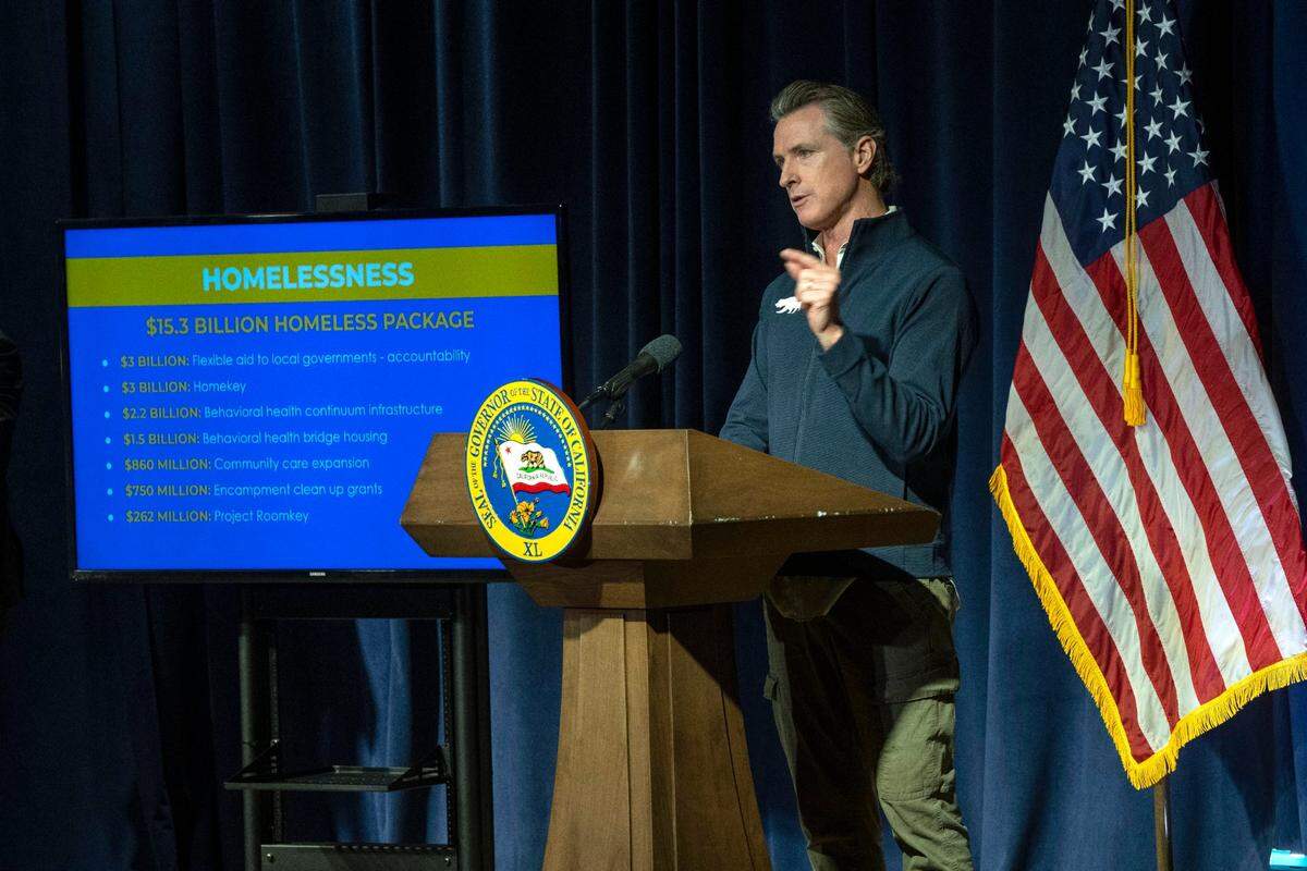 Gov. Gavin Newsom speaks about homelessness as he unveils his 2023 state budget in January in Sacramento. Newsom and lawmakers are pushing for legislation holding homeless grant funding recipients accountable.