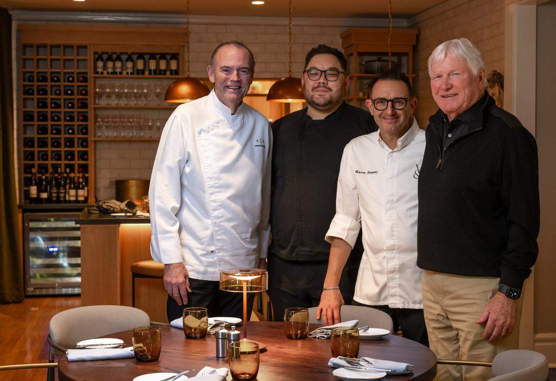 From left, Chef Charlie Palmer, co-founder and CEO of Appellation Hotels; Robert Ito, chef de cuisine of Americana House; Marco Fossati, executive chef; and Russ Munson, owner of Appellation Lodi - Wine & Roses Resort and Spa; stand in the dining room at Appellation Lodi - Wine & Roses Resort and Spa on Jan. 8.