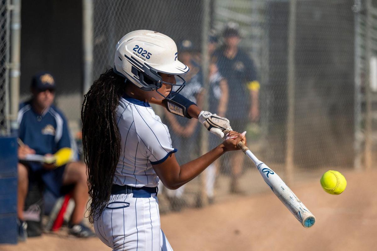 The Destiny Christian Lions’ Sophia Fountaine (1) swings at a ball during a first-round CIF Northern California Division II Regional playoff game agains King’s Academy in Rosemont on Tuesday, June 3, 2025.
