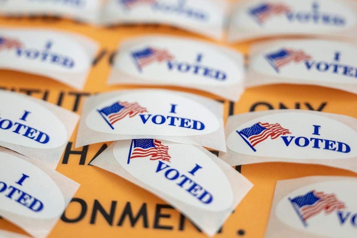 "I voted" stickers await voters at the Placer County Clerk-Recorder-Elections Office in Rocklin on Tuesday, Oct. 28, 2025.