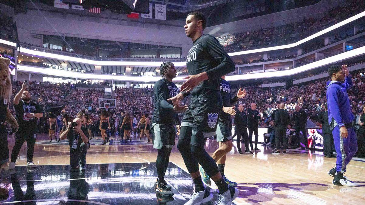 Sacramento Kings forward Keegan Murray (13) is introduced Friday before the Sacramento Kings the Golden State Warriors in the Kings’ final regular-season home game.