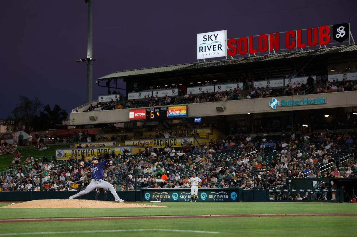 Aug 13, 2025; West Sacramento, California, USA; Tampa Bay Rays pitcher Drew Rasmussen (57) throws a pitch during the fourth inning against the Athletics at Sutter Health Park. Mandatory Credit: Sergio Estrada-Imagn Images