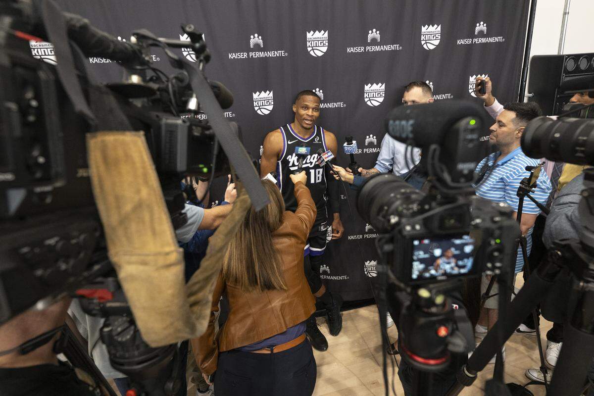 Russell Westbrook talks to the press during a press conference introducing him as a Sacramento Kings player in Sacramento on Sunday.