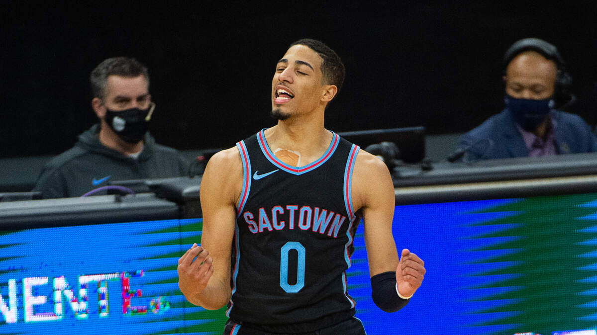 Sacramento Kings guard Tyrese Haliburton (0) reacts after a three-point basket in the fourth quarter during a game at Golden 1 Center on Friday, Jan. 22, 2021 in Sacramento. Kings beat the Knicks 103-94.