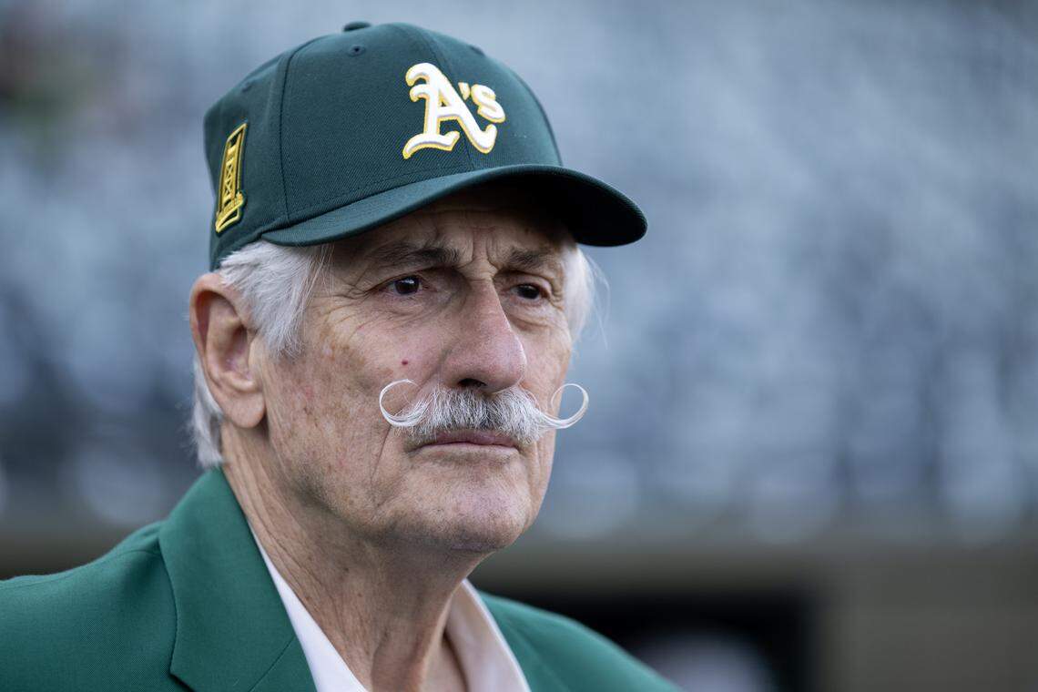Athletics Hall of Famer Rollie Fingers looks at the field before a game at Sutter Health Park on Saturday, Sept. 13, 2025, in West Sacramento. Barry Zito, Mark Mulder, Tim Hudson, and Monte Moore were inducted into the Athletics Hall of Fame before the game.