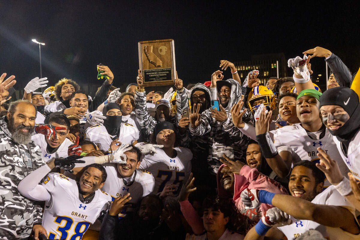 The Grant Pacers celebrate their CIF Northern California Division 2-AA championship after defeating St. Francis, 32-30 on Friday, Dec. 6, 2024, in Mountain View.