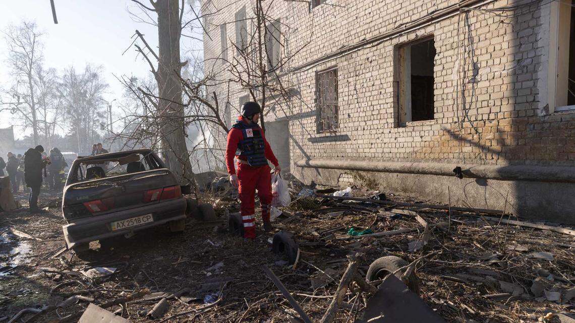 Search and rescue operations continue in Kharkiv, Ukraine, at the impact site of a Russian strike on March 7. A nearby apartment building sustained damage, prompting the evacuation of all its residents.
