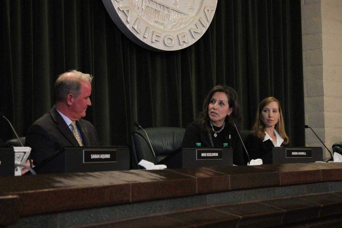 Folsom Mayor Rosario Rodriguez, center, after being selected as mayor at a special City Council meeting on Monday, Dec. 12, 2022. Rodriguez is the first Latina mayor of Folsom; YK Chalamcherla, selected as vice mayor, is the first Asian American to hold the position.