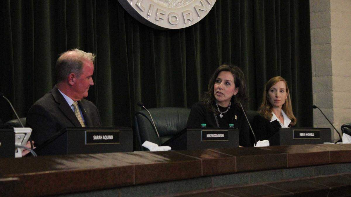 Folsom Mayor Rosario Rodriguez, center (Mike Kozlowski to the left), after being selected as mayor at a special City Council meeting on Monday, Dec. 12, 2022. There was muted support overall by this council for the Measure G sales tax increase.