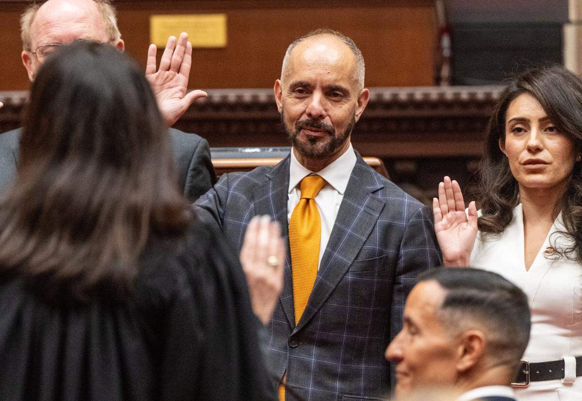 State Sen. Christopher Cabaldon, D-West Sacramento, is sworn in with colleague state Sen. Sasha Renée Pérez, D-Alhambra, on Dec. 2, 2024, during the first day of the legislative session.