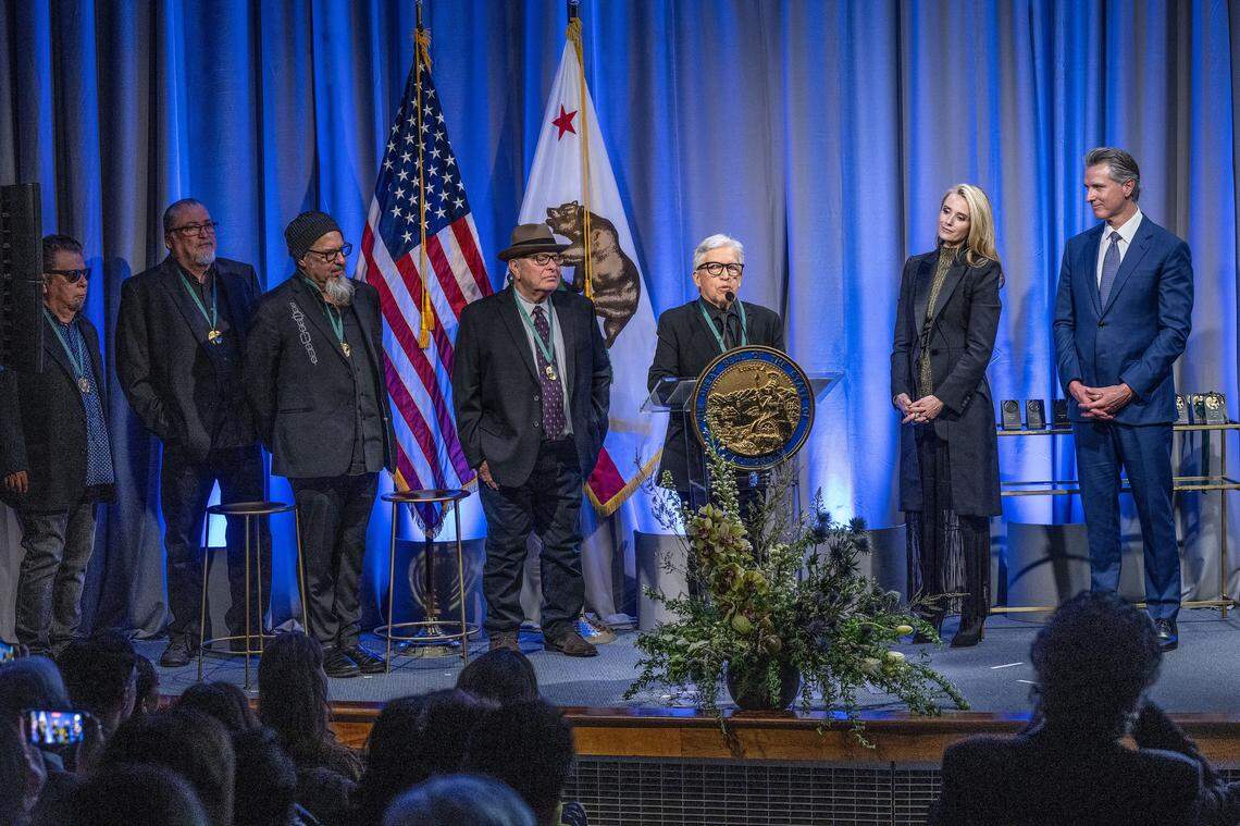 Los Lobos band member Louie Pérez speaks his group was inducted into the California Hall of Fame on Tuesday, Feb. 6, 2024, at the California Museum in Sacramento.