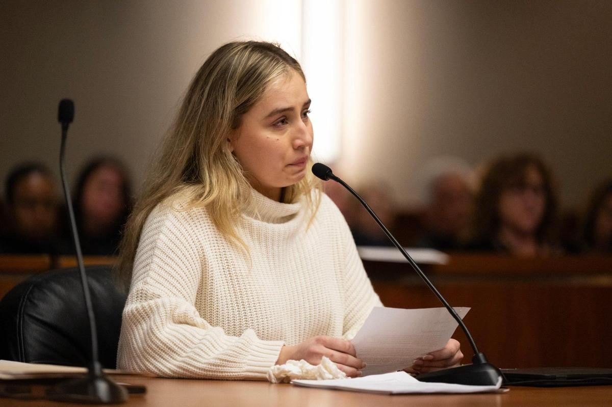 Viktoria Hazegh-Aazam reads on Monday her victim impact statement about her mother Vita Joga to Johnnie Jordan IV, who last month pleaded guilty to first-degree murder in Joga’s death. Jordan gunned down Joga, his ex-fiancee, in 2021 while she was working as a waitress at a Roseville restaurant.