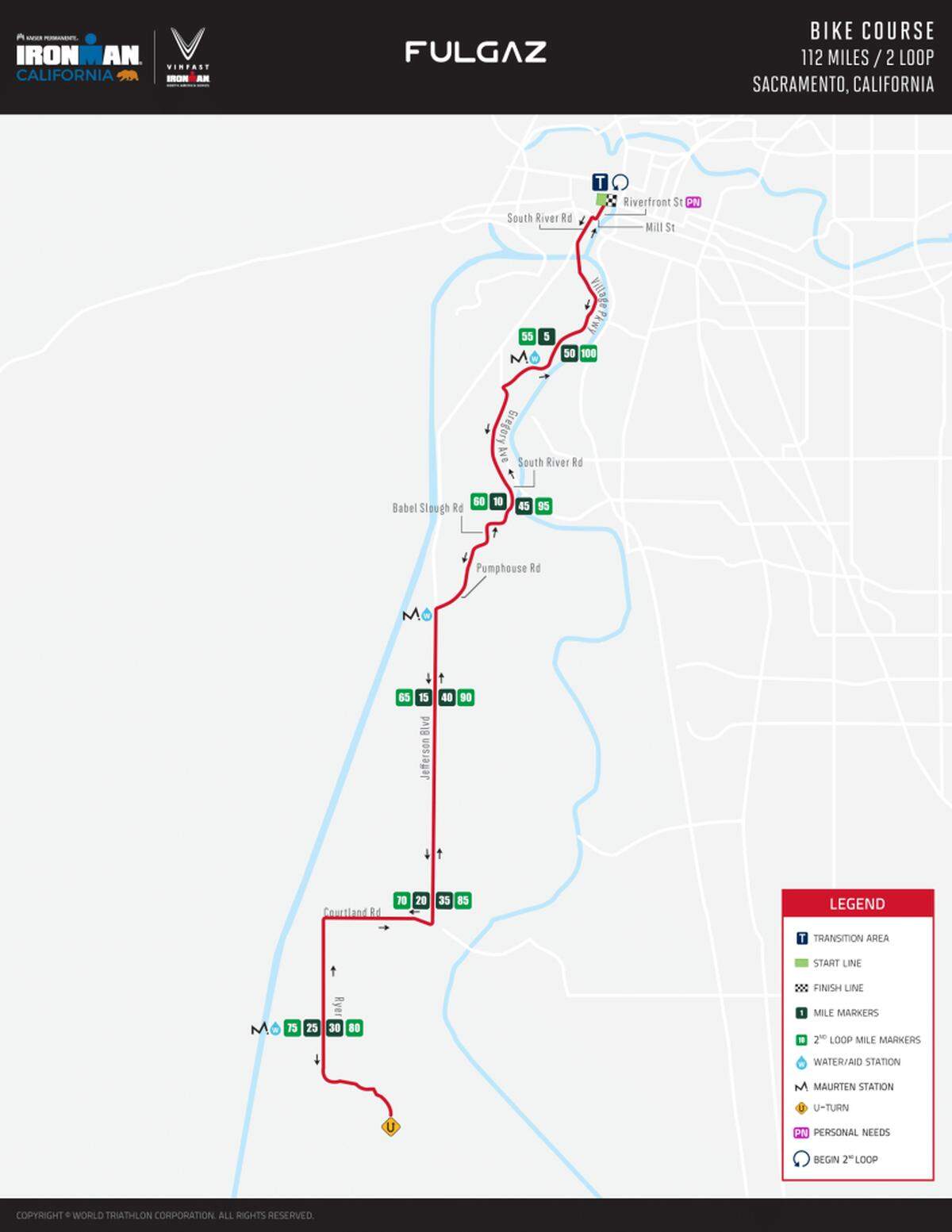 A map shows the bicycle course for the Kaiser Permanente Ironman California triathlon in Sacramento on Sunday, Oct. 27, 2024.