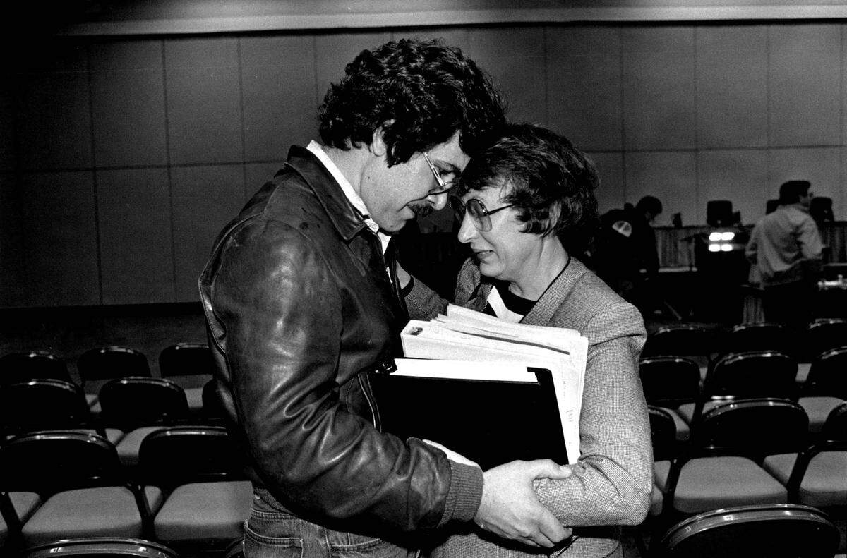 Developer Gregg Lukenbill, managing general partner of the Sacramento Kings, embraces City Councilmember Lynn Robie after she voted against his Natomas development proposal for a permanent basketball stadium on Feb. 6, 1986. The proposal passed 7-2, with Robie and Mayor Anne Rudin opposing the plan because of the other 18 million square feet of development it would place in an outlying location.