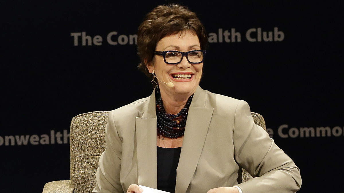 Ellen Tauscher smiles while speaking with United States Sen. Dianne Feinstein, D-Calif., at the Commonwealth Club in San Francisco, Tuesday, Aug. 29, 2017. (AP Photo/Jeff Chiu)
