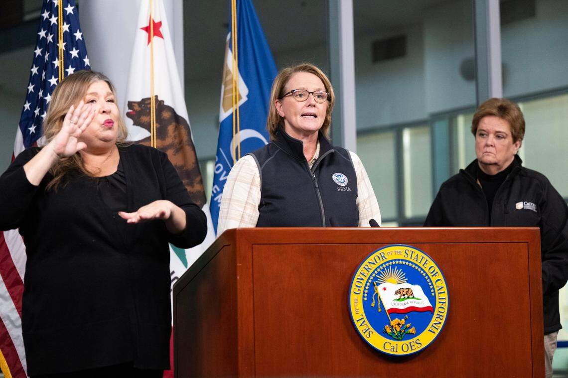 FEMA Administrator Deanne Criswell provides an update with other state and federal officials, including California OES Director Nancy Ward, right, at Cal OES Headquarters in Rancho Cordova, Friday, Jan. 13, 2023, on government response to the series of storms that have brought flooding and storm damage to the state.