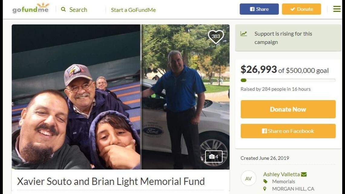 Brian Light, 59, tackled fired employee Steven Leet, 60, after Leet returned to a Morgan Hill, California, auto dealership and killed Xavier Souto, 38, police say. Leet killed LIght, whose actions gave others time to flee. A GoFundMe account has been established for the families of the two slain men.