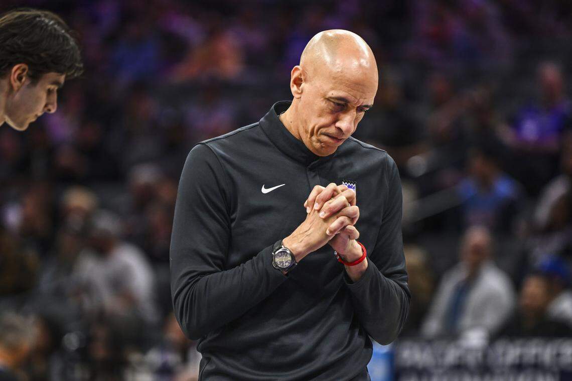 Sacramento Kings coach Doug Christie walks on down the court in the fourth quarter after calling a timeout against the New Orleans Pelicans at Golden 1 Center on Thursday.