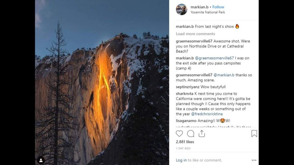 An optical illusion created by sunlight hitting Horsetail Fall in Yosemite National Park, creating a “firefall” effect, has returned. Visitors must trek a mile through heavy snow to see it.