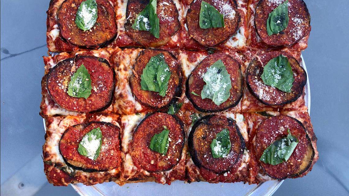 Giovanni’s Old World New York Pizzeria is one of the few places around Sacramento that makes Sicilian-style pizzas, such as this eggplant Parmigiana pie.