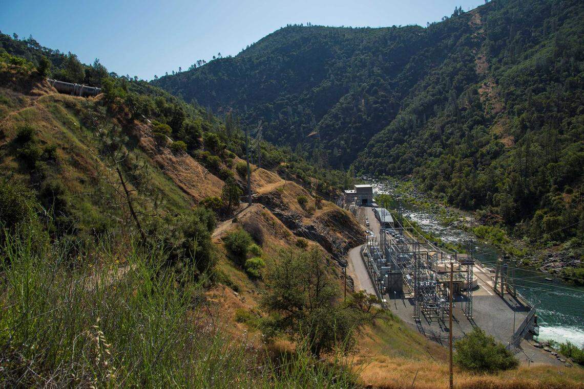 An undated photo of the New Colgate Powerhouse near Dobbins in Yuba County showing the substation that was knocked offline by water and debris from a penstock rupture on Friday, Feb. 13, 2026.