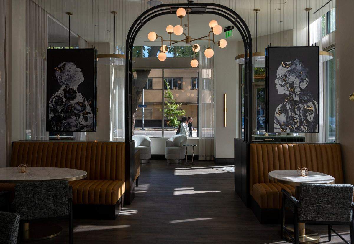 The dining room at the Hyatt Centric Downtown Sacramento in 2021, the year the building reopened as a hotel. It first opened in 1911 as the upscale Hotel Clayton.