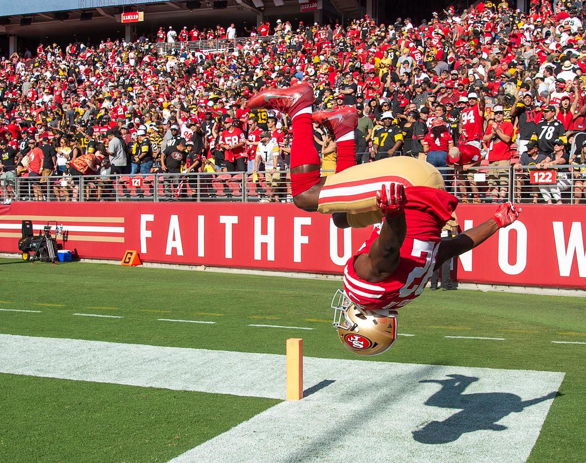 San Francisco 49ers free safety D.J. Reed (32) celebrates 24-20 win over the Pittsburgh Steelers during a game at Levi’s Stadium on Sunday Sept. 22, 2019 in Santa Clara.