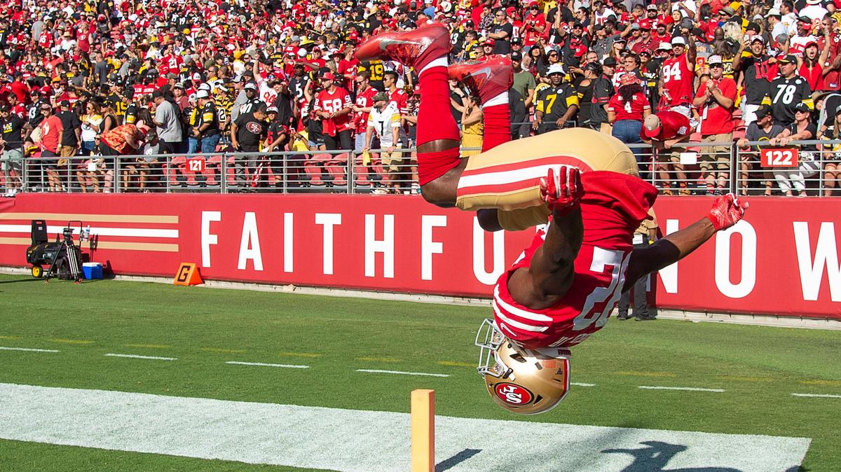 San Francisco 49ers free safety D.J. Reed (32) celebrates 24-20 win over the Pittsburgh Steelers during a game at Levi’s Stadium on Sunday Sept. 22, 2019 in Santa Clara.