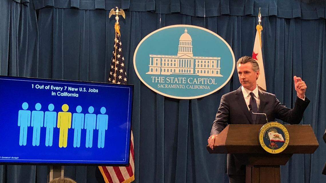 Gov. Gavin Newsom unveils his 2020-21 budget proposal state budget during a news conference Friday, Jan. 10, 2020, in Sacramento, Calif. Newsom has proposed a $222.2 billion a spending plan.