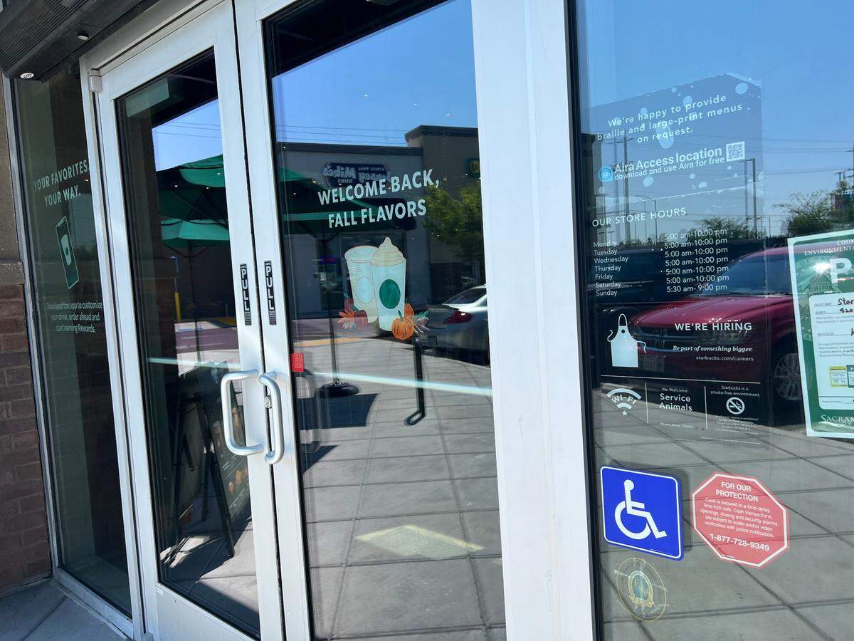 A Starbucks on Florin Road in south Sacramento displays a sign earlier this month that reads: “We welcome service animals. No pets, please. Thanks.”