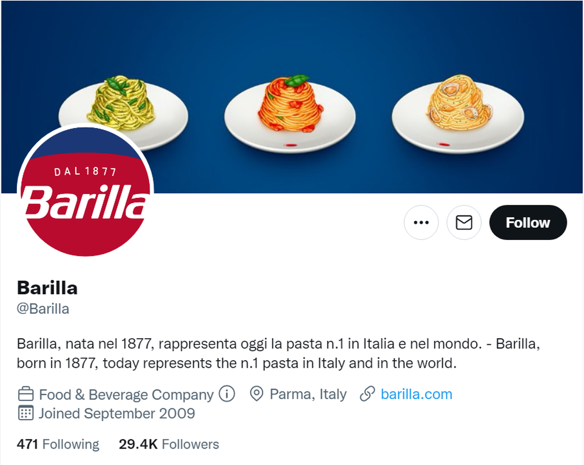 Barilla’s Twitter profile on Oct. 20.
