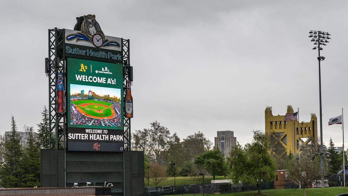 The Sutter Health Park scoreboard welcomes the Oakland A’s on Thursday, April 4, 2024, on the day of the announcement that the team will temporarily relocate to West Sacramento in 2025.