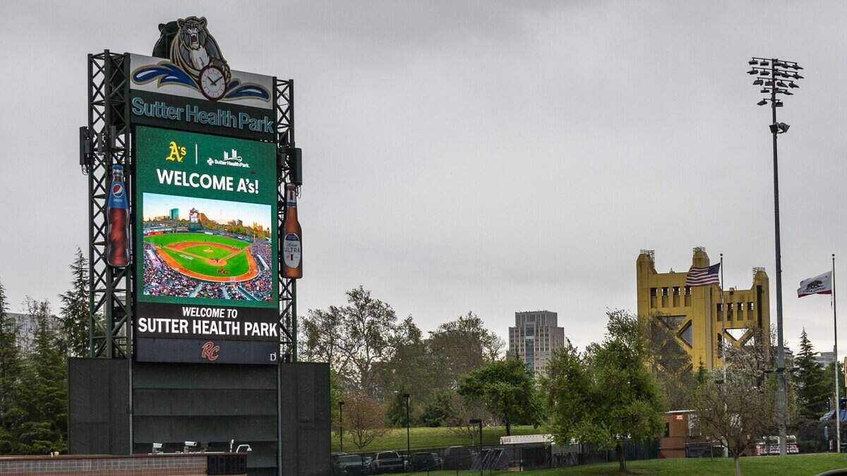 The Sutter Health Park scoreboard welcomes the Oakland A’s on Thursday, April 4, 2024, on the day of the announcement that the team will temporarily relocate to West Sacramento in 2025.