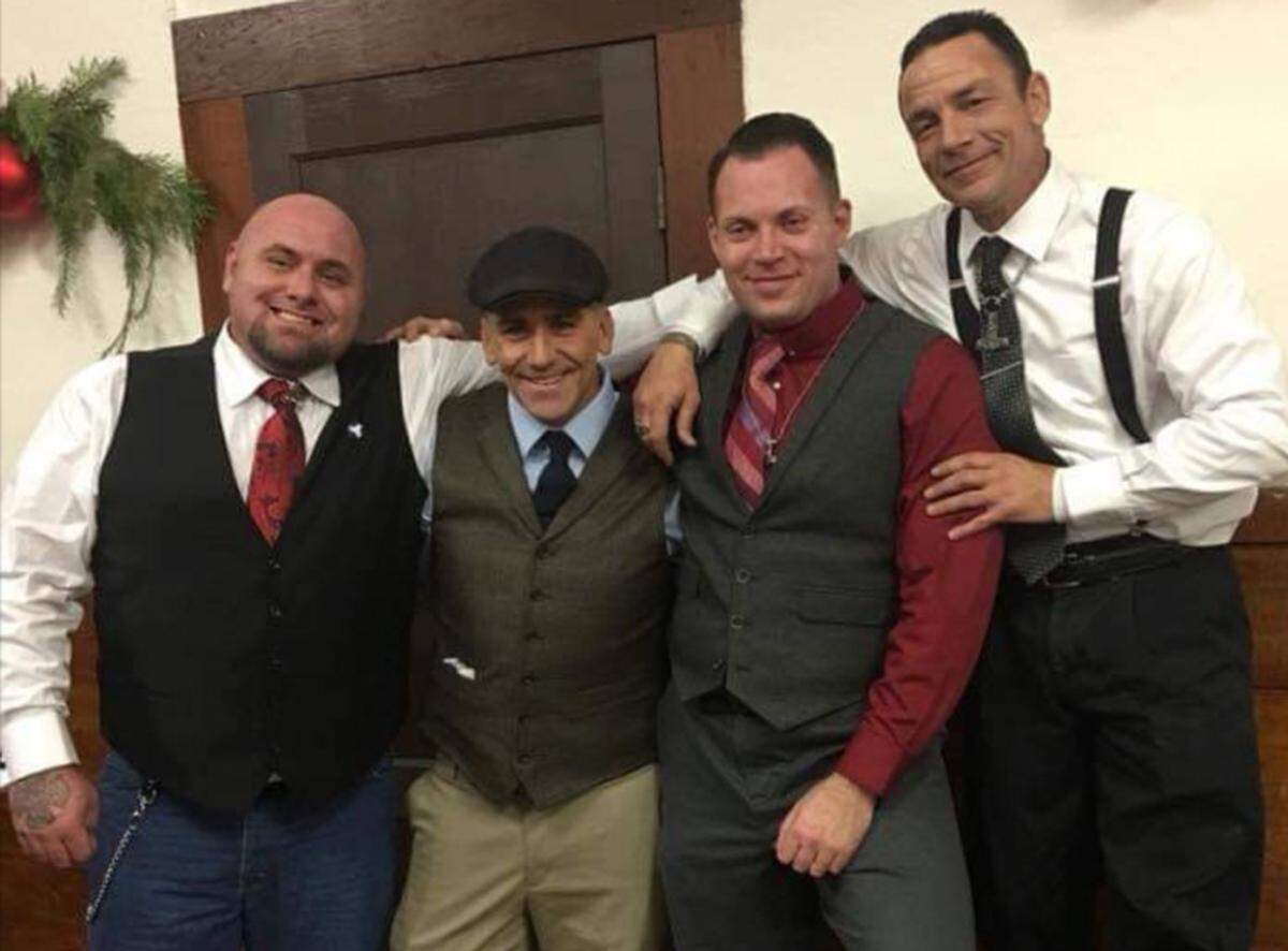 A 2017 image pulled from one of the Asatru Folk Assembly's social media accounts by a Sacramento antifa group shows, from left, Joseph Simmons, Marc Macleod and Matthew Flavel, the AFA's “Alsherjargothi,” or high priest. 