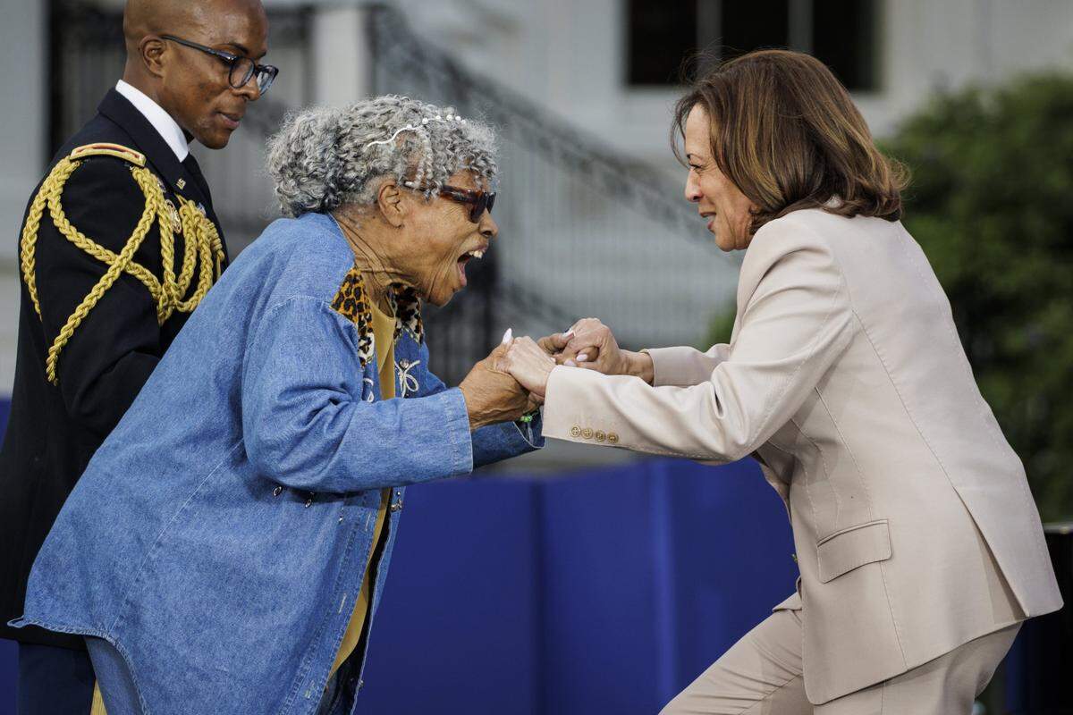 Vice President Kamala Harris recognizes Opal Lee, also known as the Grandmother of Juneteenth, during a Juneteenth concert on the South Lawn of the White House on June 13 in Washington, D.C. Juneteenth celebrates the emancipation of enslaved African Americans on June 19th and was declared a federal holiday in 2021 by President Joe Biden.