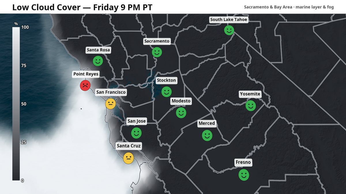 Low clouds and the marine layer on the evening of Friday, July 3. Icons indicate firework viewing conditions.