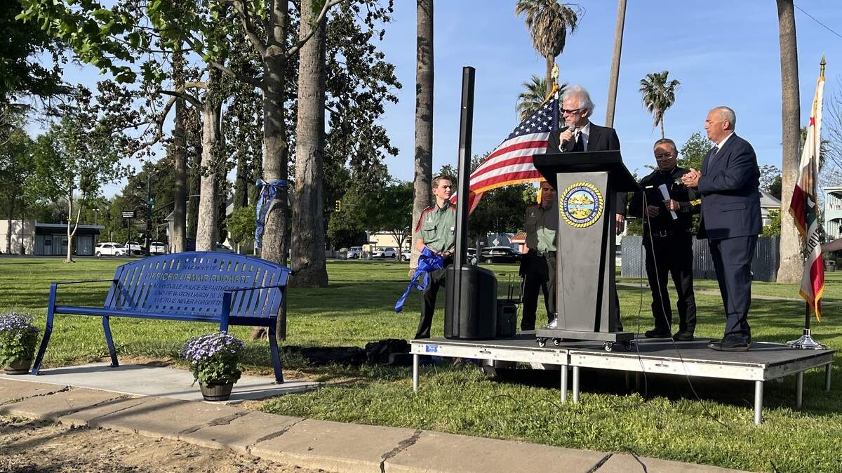 Marysville Mayor Chris Branscum speaks at a service recognizing the one-year anniversary of the killing of Marysville police officer Osmar Rodarte on Thursday, March 26, 2026, at Veterans Park in Marysville.