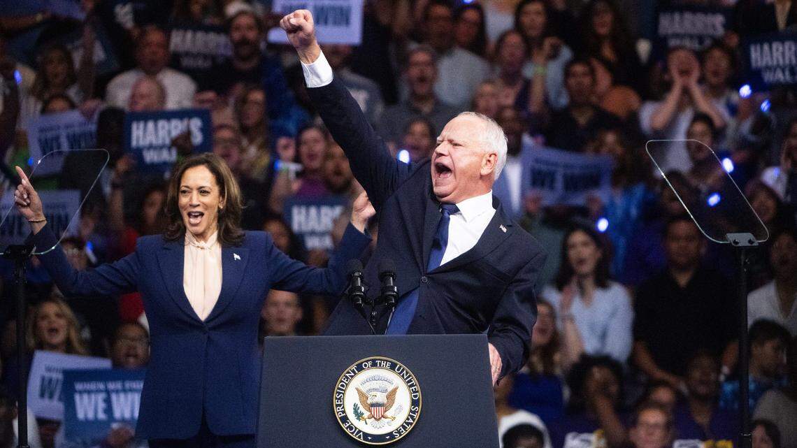 Minnesota Gov. Tim Walz cheers with the crowd after being introduced at a rally at Temple University in Philadelphia on Tuesday, Aug. 6, 2024, as Vice President Kamala Harris’ running mate.