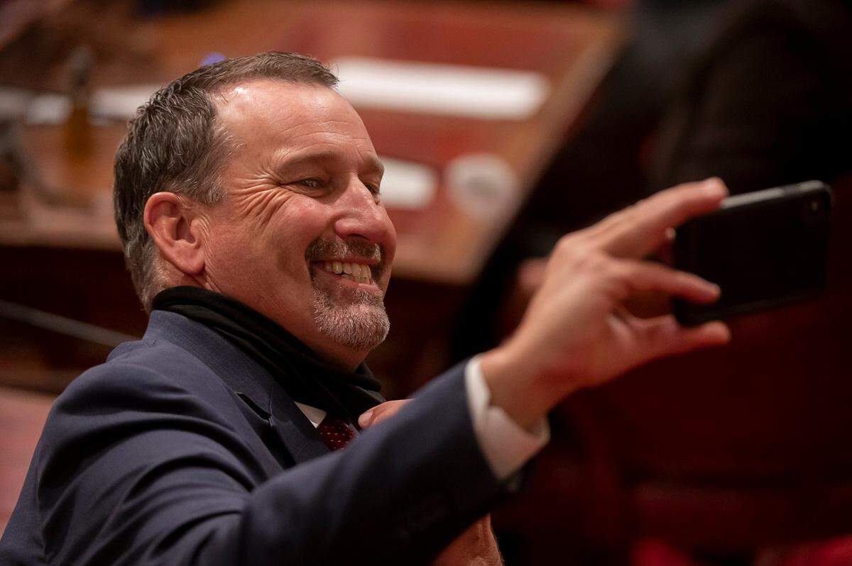 State Sen. Brian Dahle, R-Bieber, pulls his mask down for a selfie at the opening of the legislative session at the state Capitol in December 2020. Dahle is the most prominent Republican challenging Gavin Newsom in the June 7 primary.